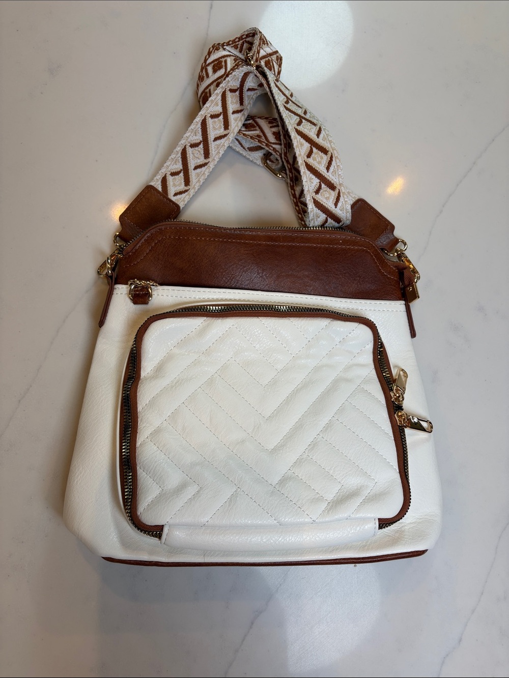 White and Brown Quilted Crossbody Tote - Women Bags